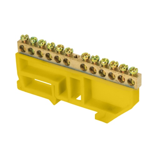 Шина "0" N (6х9мм) 12 отверстий латунь желтый изолятор на DIN-рейку PROxima | код  sn0-63-12-dz | EKF